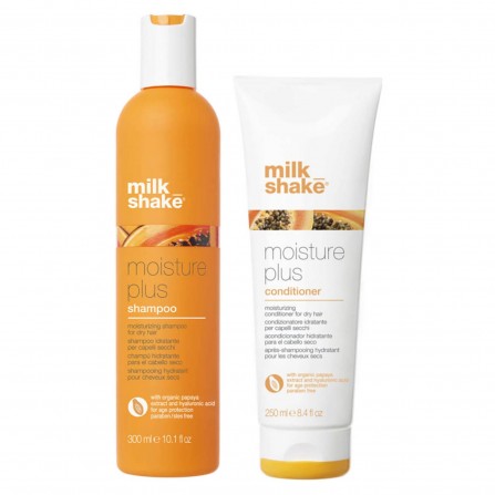 MILKSHAKE MOISTURE PLUS SHAMPOO AND CONDITIONER ХИДРАТИРАЩ ШАМПОАН + БАЛСАМ С ПАПАЯ ЗА СУХА КОСА 